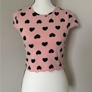 SHEIN Pink Crop Top with Black Heart Pattern